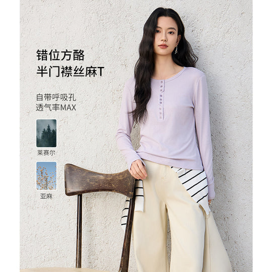 Damen Langärmeliges Henley-Shirt aus feinem Jersey mit dekorativer Knopfleiste Nord Taschen