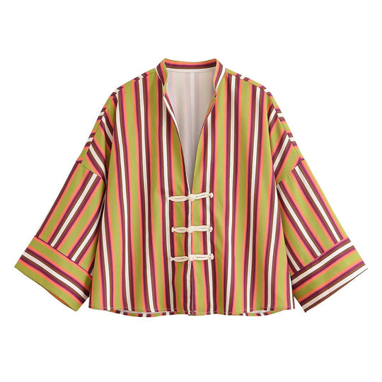 Damen Gestreifte Kimono‑Jacke mit kurzen Trompetenärmeln und dekorativen Knotenverschlüssen Nord Taschen