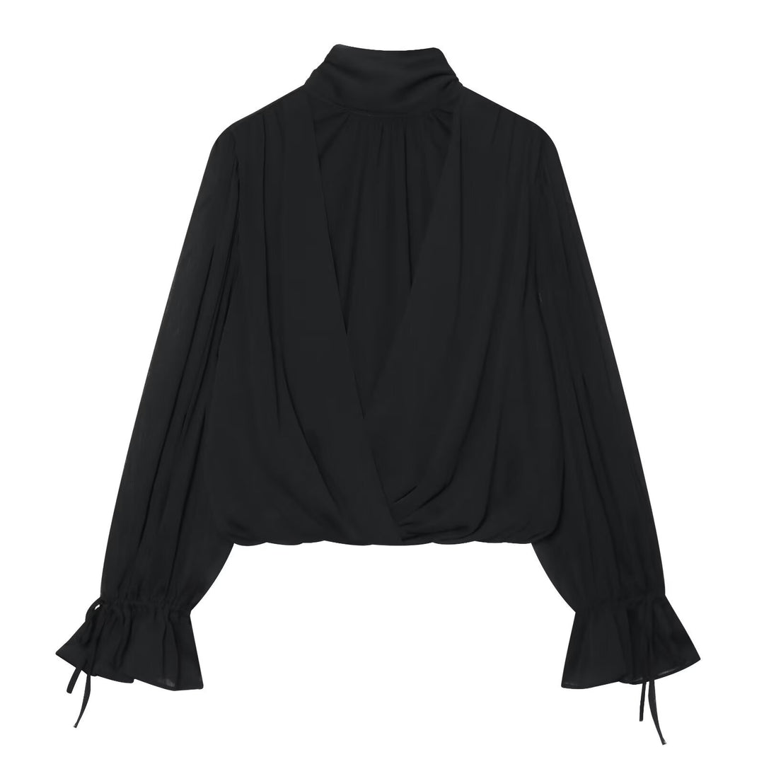 Damen Wickel-Cropped-Bluse mit Stehkragen und Volumenärmeln Nord Taschen