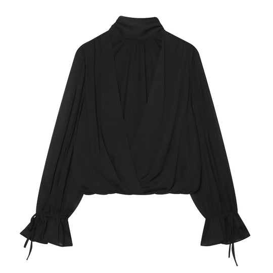 Damen Wickel-Cropped-Bluse mit Stehkragen und Volumenärmeln Nord Taschen