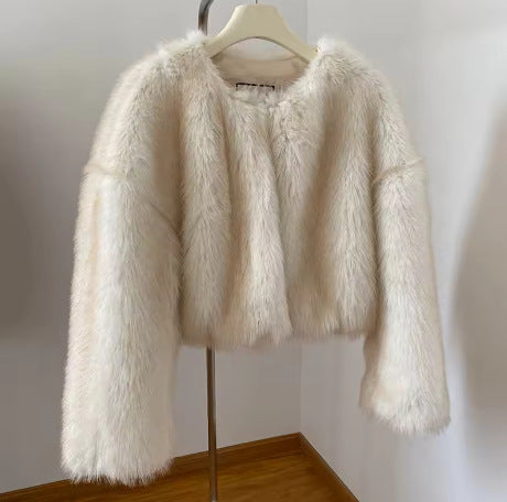 Damen Cropped Kunstpelz‑Bomber mit rundem Ausschnitt, weich fallendem Hochflor und kastiger Silhouette Nord Taschen