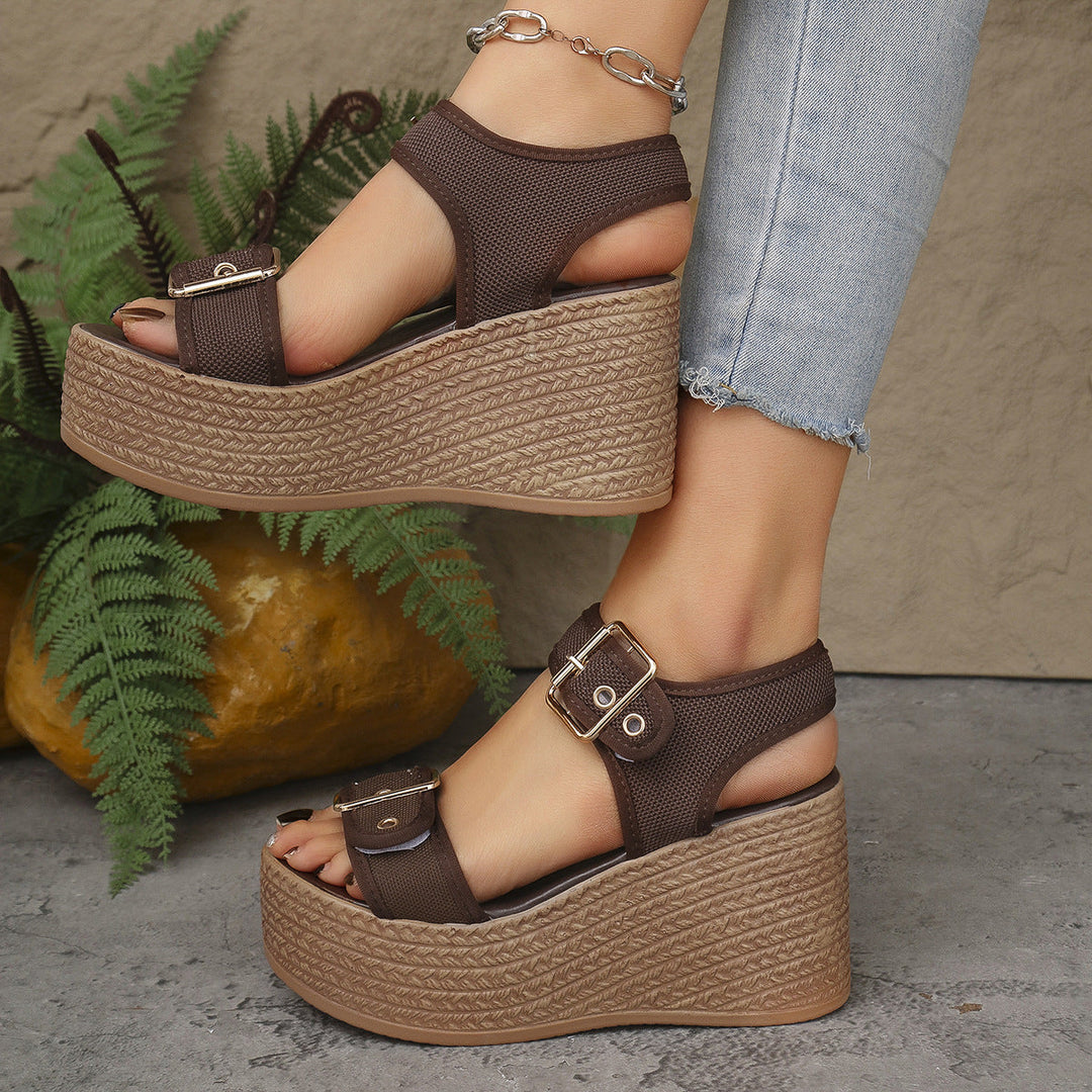 Damen Keil-Sandalen mit verstellbarem Riemen und exquisitem Bast-Design