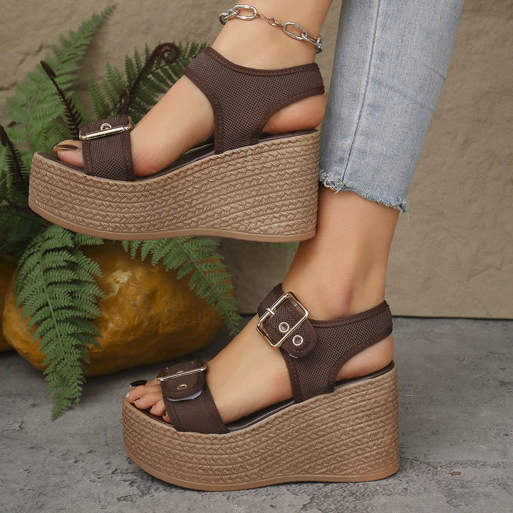 Damen Keil-Sandalen mit verstellbarem Riemen und exquisitem Bast-Design
