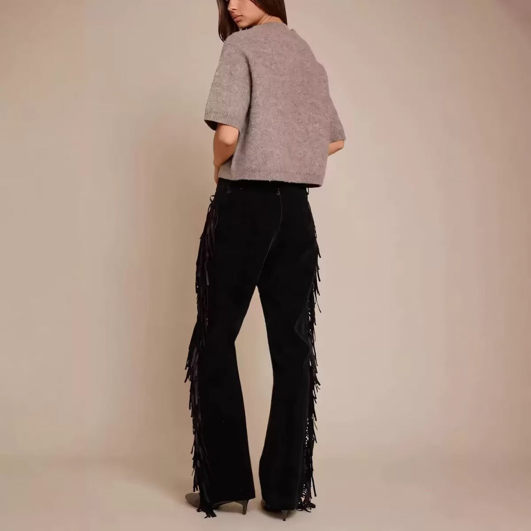 Damen Weite Culotte-Hose mit Fransenbesatz und Veloursoptik Nord Taschen