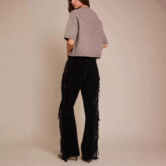 Damen Weite Culotte-Hose mit Fransenbesatz und Veloursoptik Nord Taschen