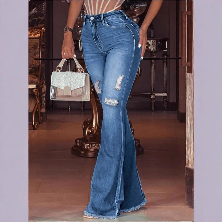 Damen hochgeschnittene Schlaghose aus Stretch-Denim mit ausgestelltem Bein, Knie-Rips und ausgefranstem Saum Nord Taschen