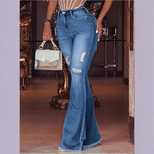 Damen hochgeschnittene Schlaghose aus Stretch-Denim mit ausgestelltem Bein, Knie-Rips und ausgefranstem Saum Nord Taschen