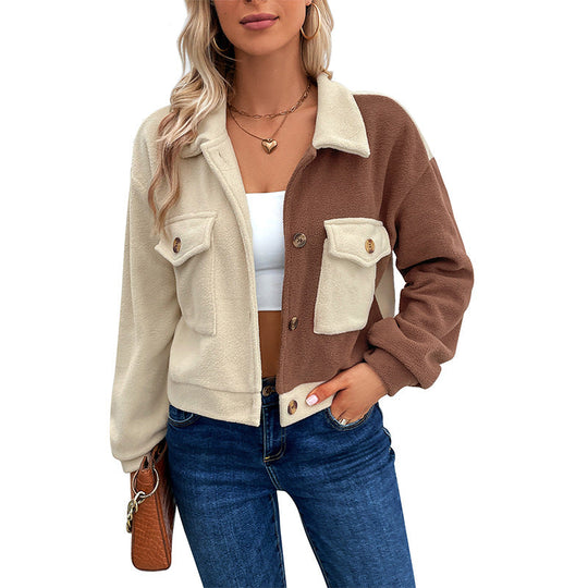 Damen Kurzjacke aus Teddy-Fleece mit Colorblock-Design & Pattentaschen Nord Taschen