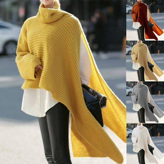 Damen Asymmetrischer Rollkragen-Poncho mit seitlichem Cape-Detail Nord Taschen