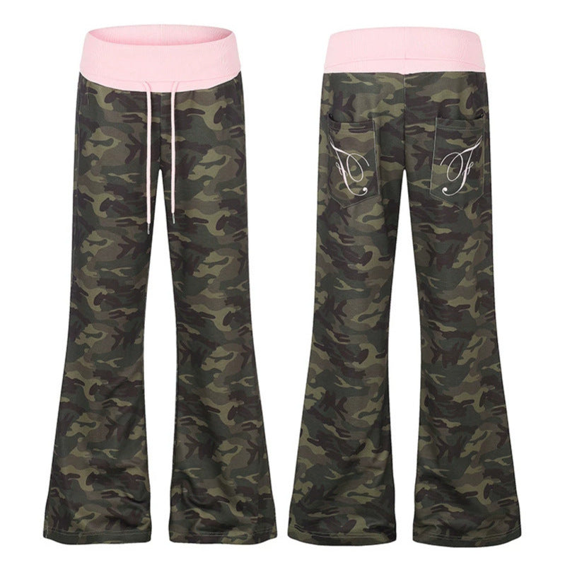 Damen Palazzo-Loungehose mit hohem Umschlagbund, Kordelzug und Camouflage-Muster Nord Taschen