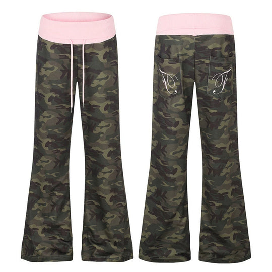Damen Palazzo-Loungehose mit hohem Umschlagbund, Kordelzug und Camouflage-Muster Nord Taschen
