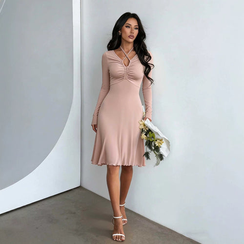 Damen gerafftes A-Linien Midikleid mit gekreuzten Trägern, figurformender Brustpartie und langen Ärmeln Nord Taschen