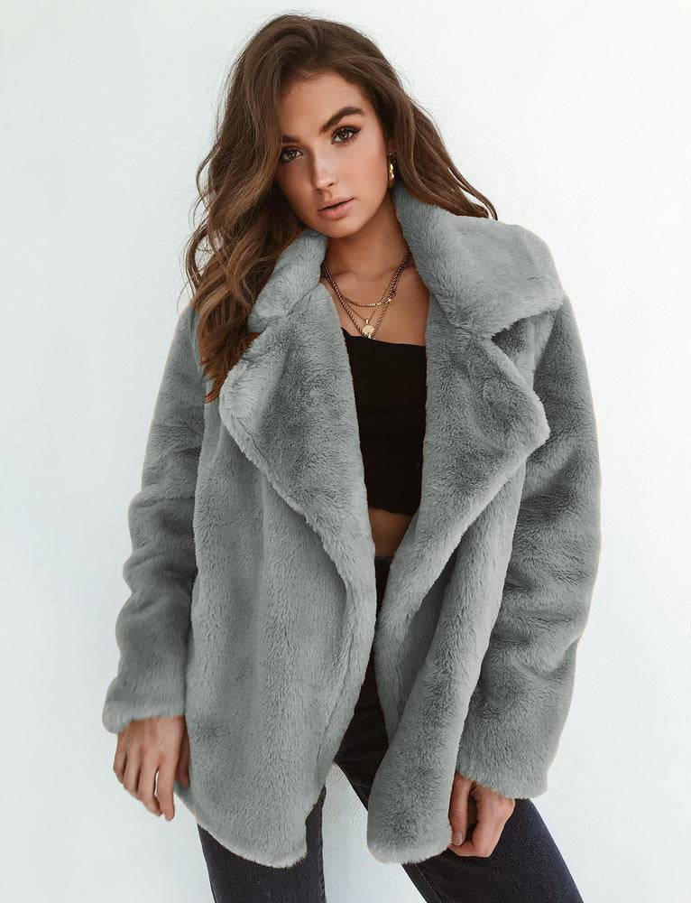 Damen Kuscheliger Oversized Kunstpelz-Mantel mit großem Reverskragen Nord Taschen