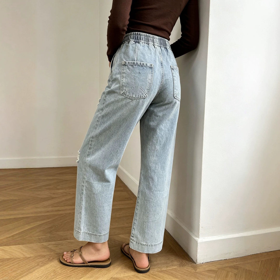 Damen weite Denimhose mit elastischem Kordelbund, Used-Effekten und lockerer Passform Nord Taschen