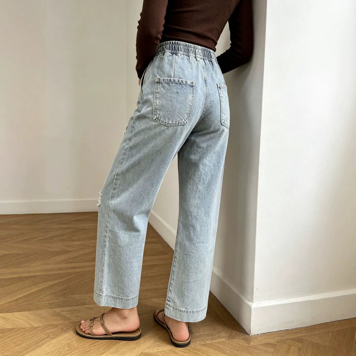 Damen weite Denimhose mit elastischem Kordelbund, Used-Effekten und lockerer Passform Nord Taschen