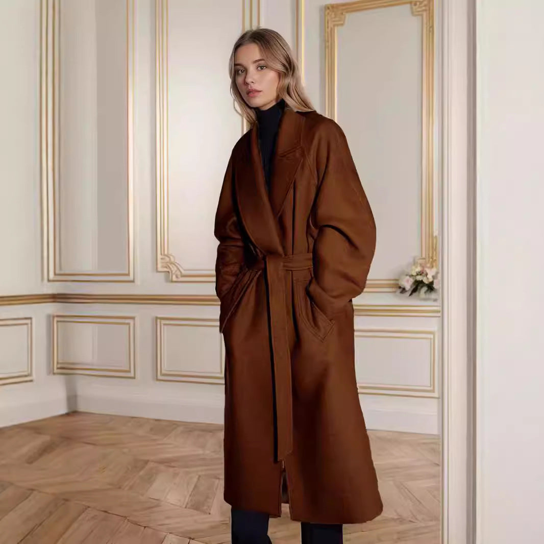 Damen Langmantel aus Wollmix mit Reverskragen und lockerem Schnitt Nord Taschen