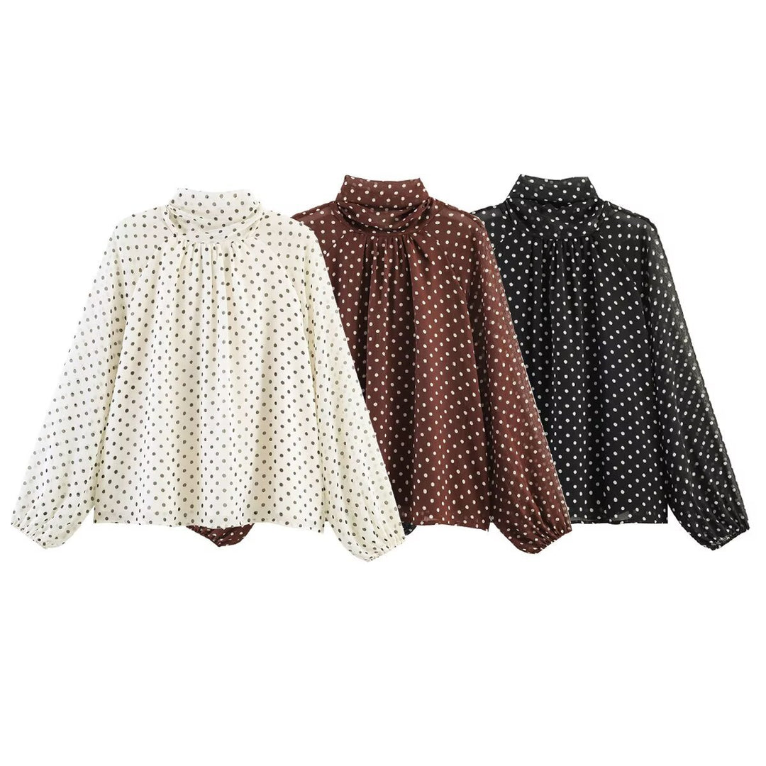 Damen 50+ seidenähnliche Polka‑Dot Schlupfbluse mit Schleifenkragen und Ballonärmeln Nord Taschen
