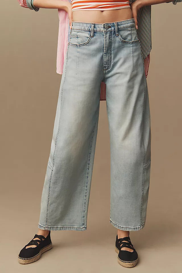 Damen hochgeschnittene weite Culotte-Jeans mit verkürzter Länge und dekorativen Nahtdetails Nord Taschen