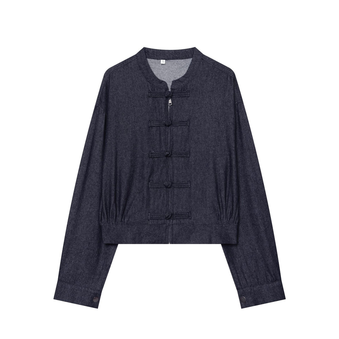 Damen Cropped Jeansjacke mit Stehkragen und chinesischen Knebelverschlüssen Nord Taschen