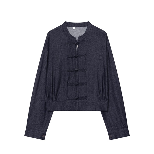 Damen Cropped Jeansjacke mit Stehkragen und chinesischen Knebelverschlüssen Nord Taschen