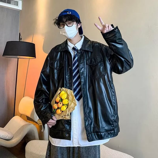 Herren Oversized Kunstleder-Hemdenjacke im Boxy-Look mit Pattentaschen und Druckknopfleiste Nord Taschen