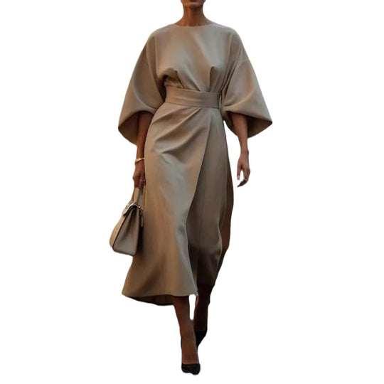 Damen Elegantes Midikleid mit weitem Kimonoärmel, tailliertem Gürtel und drapierter A‑Linie Nord Taschen