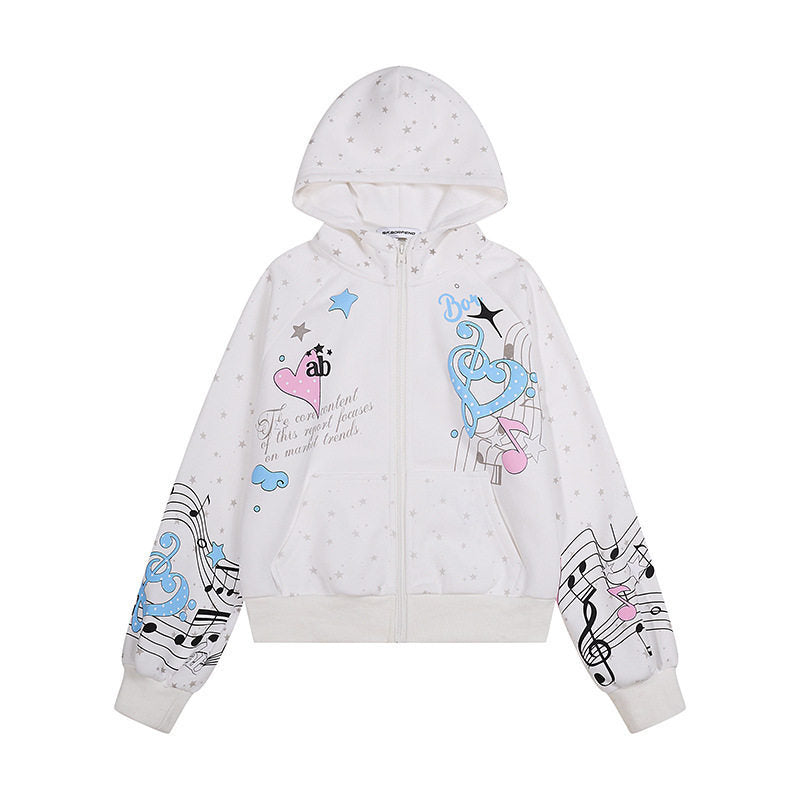 Damen Kapuzen-Sweatjacke mit Front-Reißverschluss, musikalischem Print und Sternchen-Design Nord Taschen