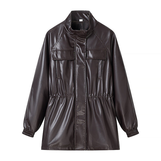 Damen Kunstleder-Parka mit Tunnelzugtaillen, Stehkragen und Pattentaschen Nord Taschen