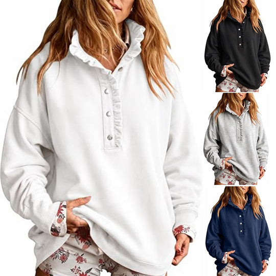 Damen Oversize-Sweatshirt mit Rüschenkragen und Druckknopfleiste Nord Taschen
