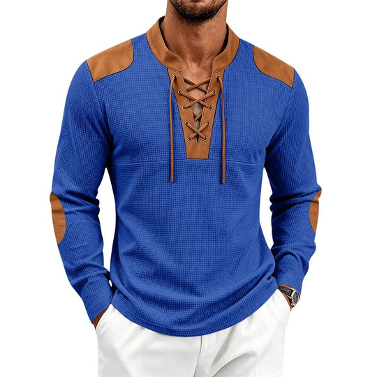 Herren Waffelstrick-Langarmshirt mit Schnürkragen und Kunstleder-Patches Nord Taschen