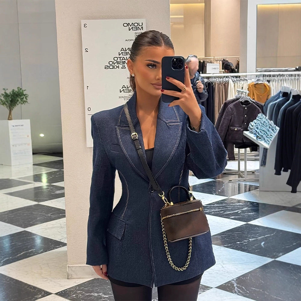 Damen taillierter Jeansblazer mit geschwungenem Revers Nord Taschen