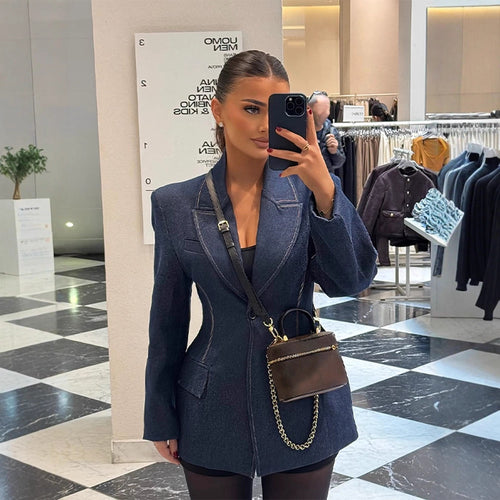 Damen taillierter Jeansblazer mit geschwungenem Revers Nord Taschen