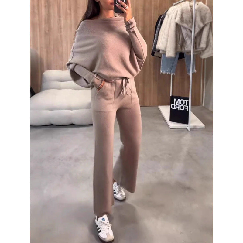 Damen Strick-Loungewear-Set mit Oversize-Schulter, weitem Bein und Kordelzug Nord Taschen