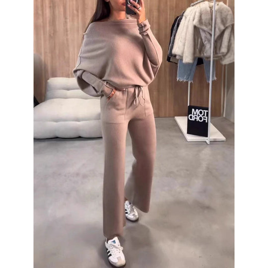 Damen Strick-Loungewear-Set mit Oversize-Schulter, weitem Bein und Kordelzug Nord Taschen
