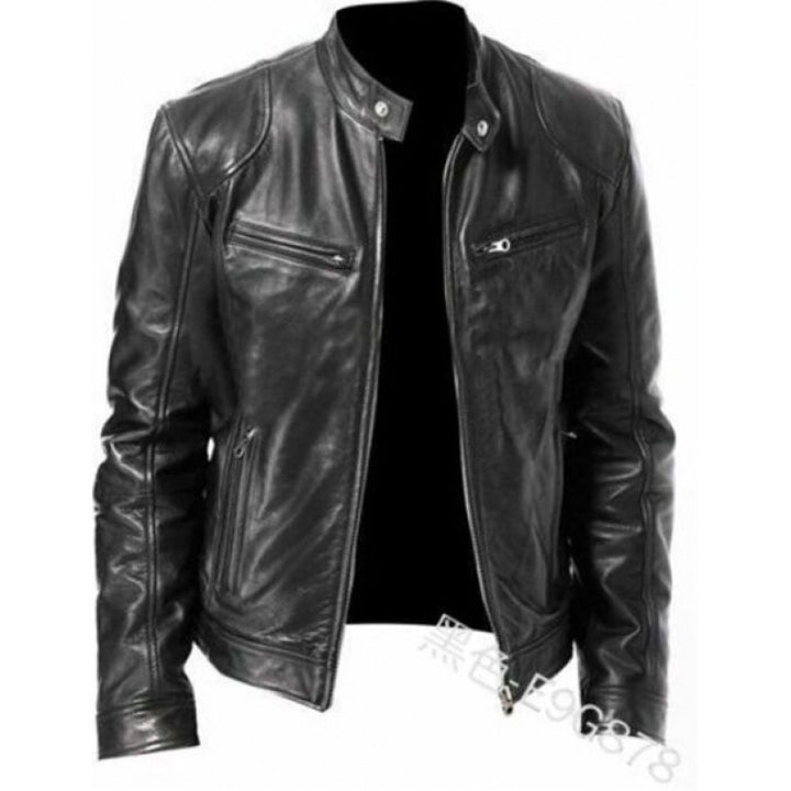 Herren schlanke Echtleder-Bikerjacke mit Stehkragen, zwei Brust-Reißverschlusstaschen und geradliniger Silhouette Nord Taschen