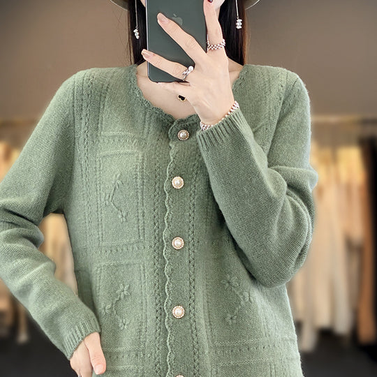 Damen Verzierter Strickcardigan mit Perlenknöpfen und Ajour‑Stickerei Nord Taschen