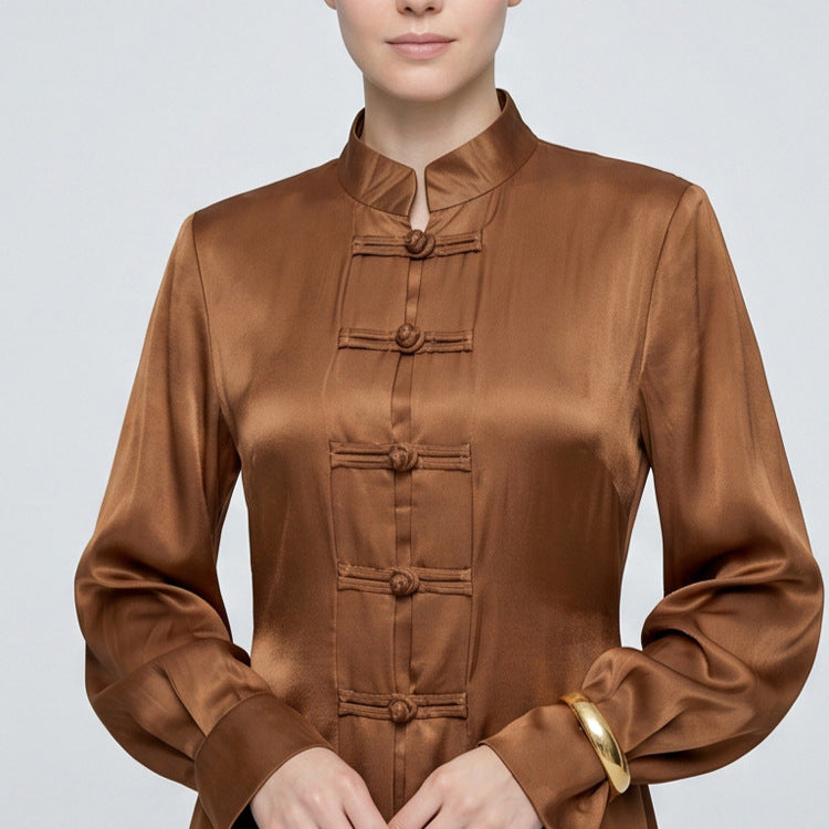 Damen Maxikleid mit Stehkragen, traditionellem Knotenverschluss und Ballonärmeln Nord Taschen