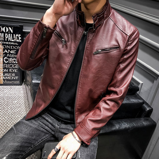 Herren Slim-Fit Kunstleder‑Racerblouson mit Stehkragen und Reißverschluss‑Brusttaschen Nord Taschen