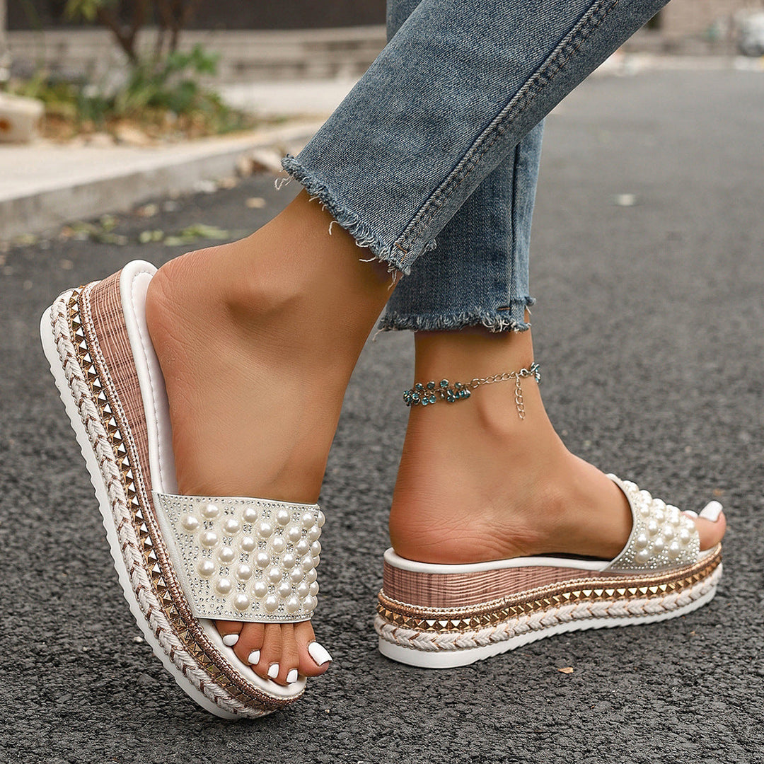 Damen Elegante Wedge-Pantoletten mit Perlenverzierungen und rutschfester Sohle