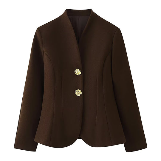Damen Taillierter Blazer ohne Revers mit goldenen Zierknöpfen Nord Taschen