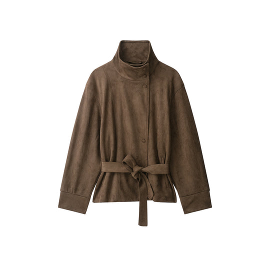 Damen Kurze Velourslederjacke mit hohem Stehkragen und Bindegürtel Nord Taschen