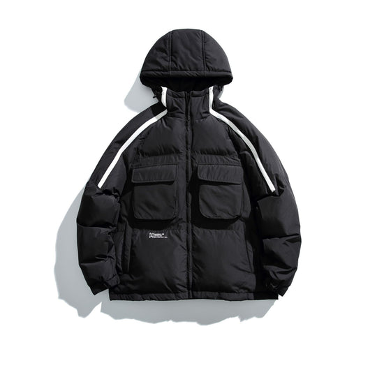 Unisex Kurz geschnittener Boxy-Puffer mit Kapuze, Kontraststreifen und großen Klappentaschen Nord Taschen
