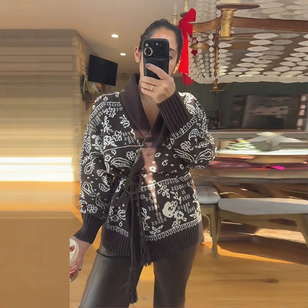 Damen Strickcardigan mit Schalkragen, Fair-Isle-Muster und Bindegürtel Nord Taschen