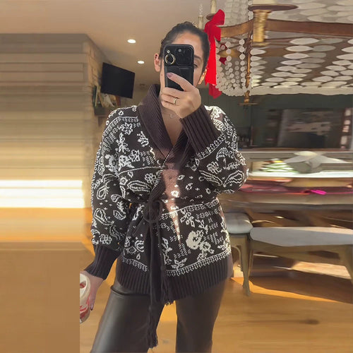 Damen Strickcardigan mit Schalkragen, Fair-Isle-Muster und Bindegürtel Nord Taschen