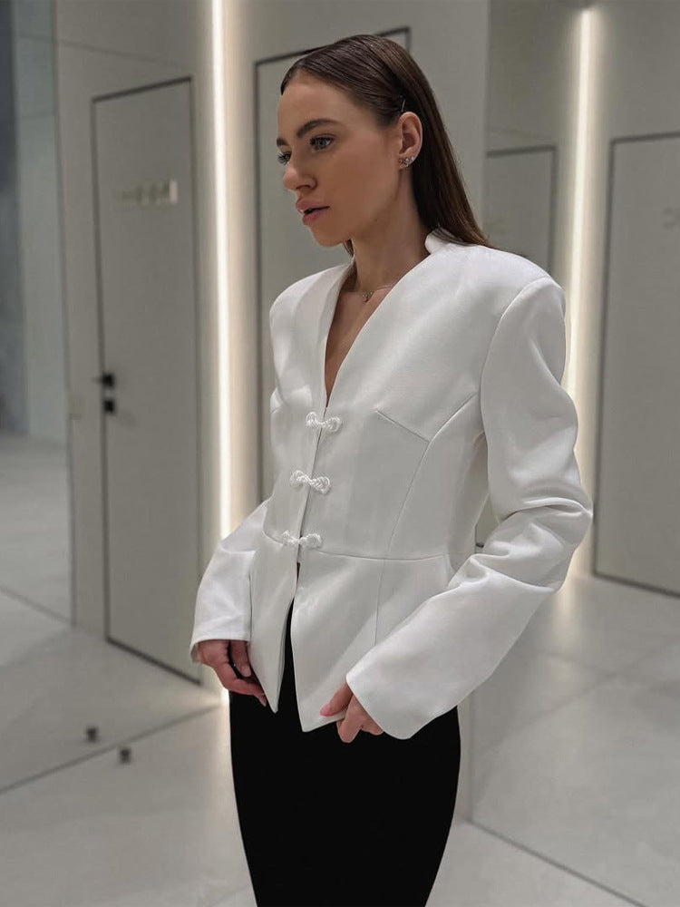 Damen Schößchen‑Blazer mit mandarinähnlichem Ausschnitt und dekorativen Knotenverschlüssen Nord Taschen