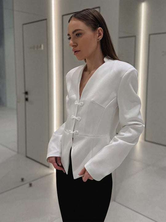 Damen Schößchen‑Blazer mit mandarinähnlichem Ausschnitt und dekorativen Knotenverschlüssen Nord Taschen