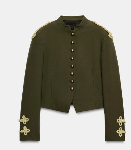 Damen Taillierter Cropped Militärblazer mit Stehkragen und goldverzierten Epauletten Nord Taschen