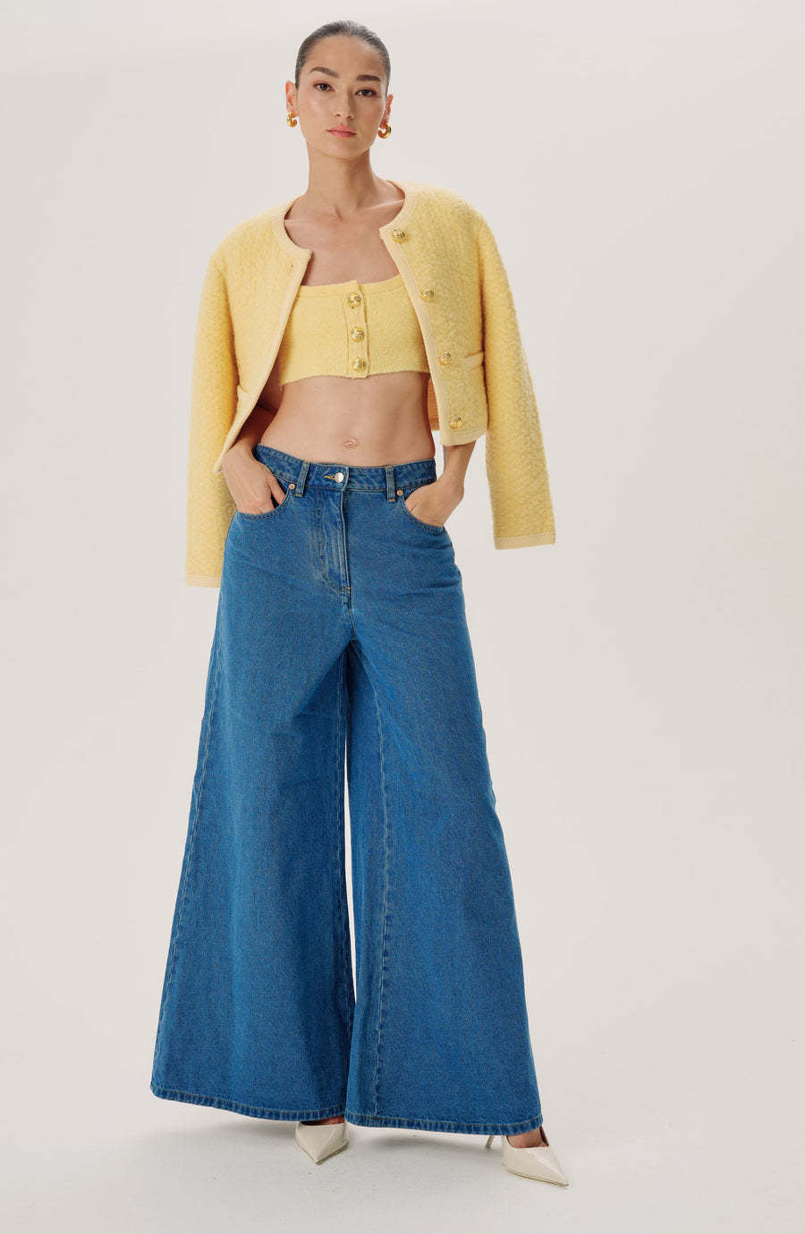 Damen hochgeschnittene Palazzo-Denim-Jeans mit betonter Mittelnaht und extra weitem Saum Nord Taschen