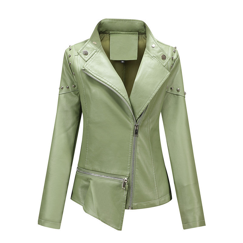 Damen Asymmetrische Kunstleder-Bikerjacke mit Nieten & schrägem Reißverschluss Nord Taschen