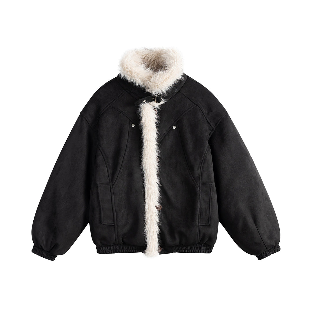 Damen Kurz geschnittene Velours‑Imitat Bomberjacke mit Teddybesatz und verstellbarem Halsriemen Nord Taschen